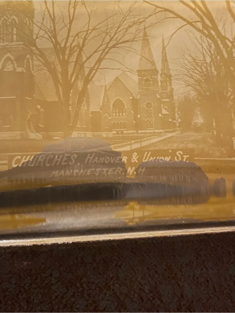 Antique Pyrophoto Co. Clear Sepia Glass Paperweight Churches Manchester NH